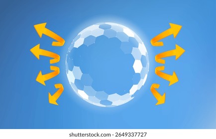 UV shield to protect skin with barrier and light layer against sun and UV exposure in a 3D sphere. Transparent dome and hexagon surface block solar damage for safety. Skincare for sunscreen design.