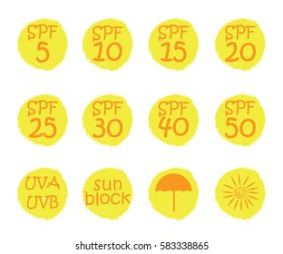 UV skin protection concept.Hand drawn stickers and badges for sunscreen cosmetics. Vector illustration set for graphic and web design.