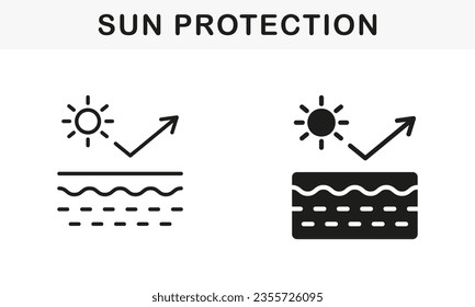 UV Skin Protection Line and Silhouette Icon Set. Reflect Ultraviolet Radiation from Skin Symbol Collection. Block Solar Light. Stop Ultraviolet Rays, SPF Cream Pictogram. Isolated Vector Illustration.