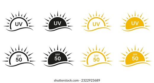 UV Skin Protection Pictogram Set. Sunblock Cream Labels. Anti Ultraviolet Rays, Block Solar Radiation Symbol Collection. Sunscreen Lotion, SPF 50 Protect Icons. Isolated Vector Illustration.