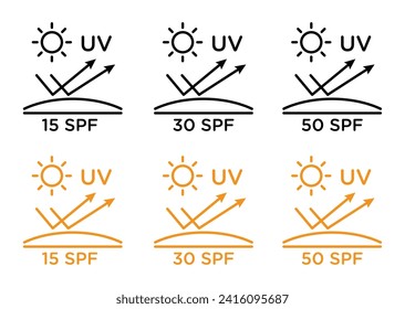 UV SPF 50 protect icon set. Sun screen protection vector logo symbol in black filled and outlined style. uva sunscreen protect logo.