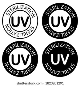 UV sterilization stamp. UV light disinfection. Badge set for ultraviolet sterilization. Ultraviolet germicidal irradiation. Surface cleaning, medical decontamination procedure. Vector illustration
