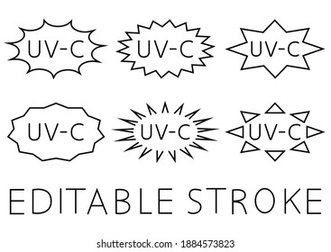 Sello de esterilización UV. Señal de información sobre los dispositivos de saneamiento. Juego de distintivos de esterilización ultravioleta. Saneamiento de luz UVC antimicrobiana. Limpieza de superficie, procedimiento de descontaminación médica. Vector