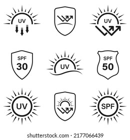 UV Sun Protect SPF Line Icon Set. Sunblock Shield Protection Skin From Ultraviolet Radiation Rays Linear Pictogram. Block Reflect Sun Light Ray Arrows Outline Icon. Isolated Vector Illustration.