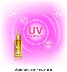 UV sun protection cream  ,UV and Whitening Cream Skin care .Background Vector Concept with gold bottle and text in lighting effect