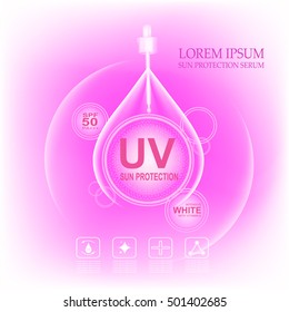 UV sun protection cream  ,UV and Whitening Cream Skin care .Background vector concept with dropper and drop of water in lighting effect