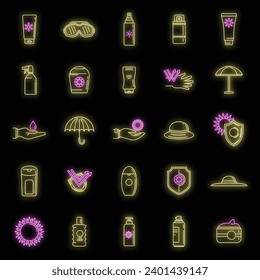 Uv sun protection icons set. Outline set of uv sun protection vector icons neon color on black