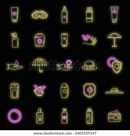 Uv sun protection icons set. Outline set of uv sun protection vector icons neon color on black