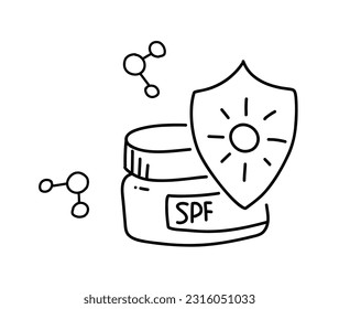 UV Sun screen. Doodle illustration. Spf Cream for face and body treatment.  morning routine for skin. Skin cancer protection. 