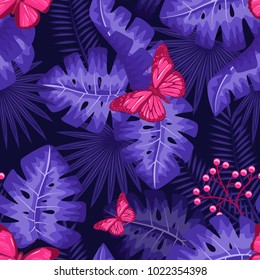 UV ultra violet luminous neon light effect pattern. Seamless repeating jungle rainforest plants, buttrfly and fern background, retro techno acid styling.