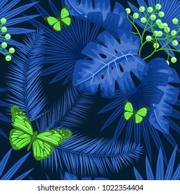 UV ultra violet luminous neon light effect pattern. Seamless repeating jungle rainforest plants, butterfly and fern background, retro techno acid styling.