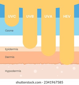 UV UVA UVB HEV skin protection. Sun radiation ultraviolet harmful rays stcok image vector. Sunburn skin layers, epidermis, dermis, hypodermis. Sunlight damage cancer risk. UV index chart, SPF cream