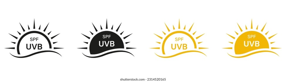 UV, UVB Skin Protection, Block Solar Radiation Pictogram Set. Anti Ultraviolet Rays. SPF Protect Icon. Sunblock Cream Labels, Sunscreen Lotion Symbol Collection. Isolated Vector Illustration.