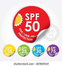 UVA / UVB / PA++ Sun Protection with SPF 15, 25, 30, 50, 75 Circle Sticker, Icon, Sign, Tag - Vector