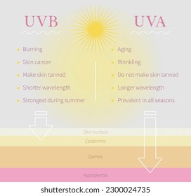 Diferencia de rayos UVB y UVA ultravioleta. Información sobre tipos de rayos solares. Vector