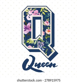 Uvety handmade. Illustration for T-shirts.  Queen. Watercolor flowers pattern.