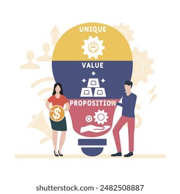 UVP - Einzigartiges Wertversprechen Akronym. Geschäftskonzept Hintergrund. Vektorillustration Konzept mit Schlagworte und Icons. Schriftbild mit Icons für Web Banner, Flyer, Landing Page
