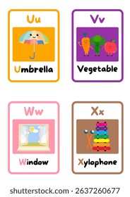UVWX Flashcards for Toddlers with Bright Cartoon Images of Animals and Objects – Fun Educational Materials for Early Childhood