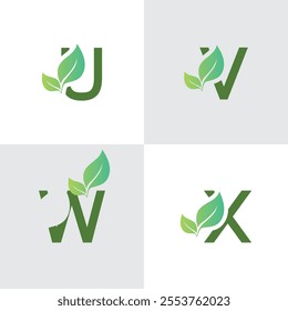 U,V,W,X leaf logo Design Template Vector Graphic Branding Element. Leaf letter U,V,W,X Logo vector Illustration. Plant Logo.