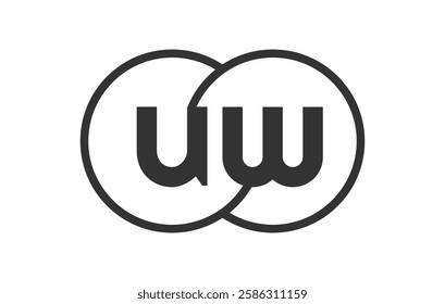 UW business company emblem with outline rounds and letters u w. Logo template of two merged circles for brand identity, logotype. Vector Infinity symbol  and technology sign.