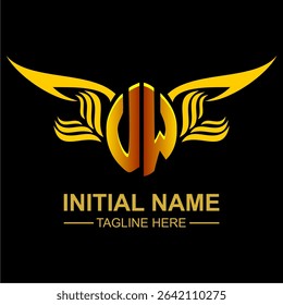UW Golden Wing Emblem Logo with elegant gold wings, sleek and modern design. Ideal for branding, creative projects, luxury businesses, or artistic ventures.