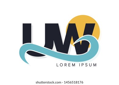 UW letter logo with ocean waves and sunset. Beach concept design