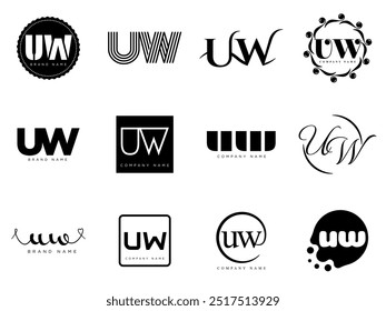 UW logo company template. Letter u and w logotype. Set different classic serif lettering and modern bold text with design elements. Initial font typography. Collection trendy business identity.