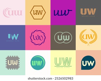 UW logo company template. Letter u and w logotype. Set different classic serif lettering and modern bold text with design elements. Initial font typography. Collection trendy business identity.