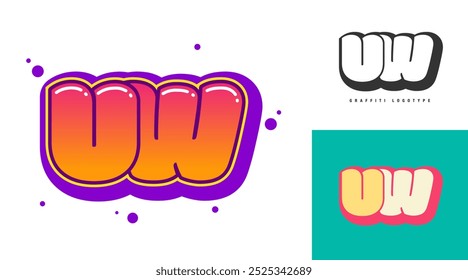 UW logo design for festival or party. Initial letter u and w in graffiti style. Creative modern lettering company name of font typography. Kids trendy logotype or identity. Vector illustration.