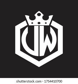 Monograma del logotipo UW redondeado por forma hexagonal con plantilla de diseño de la corona