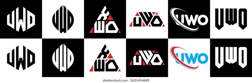 UWO letter logo design in six style. UWO polygon, circle, triangle, hexagon, flat and simple style with black and white color variation letter logo set in one artboard. UWO minimalist and classic logo