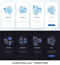 UX basics onboarding mobile app page screen. Desirability, value walkthrough 4 steps graphic instructions with concepts. UI, UX, GUI vector template with linear night and day mode illustrations
