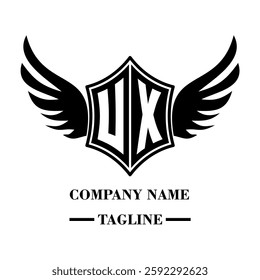 UX bold shield logo with wings, customizable with letters A to Z. Perfect for brands seeking a powerful symbol of strength, freedom, and ambition