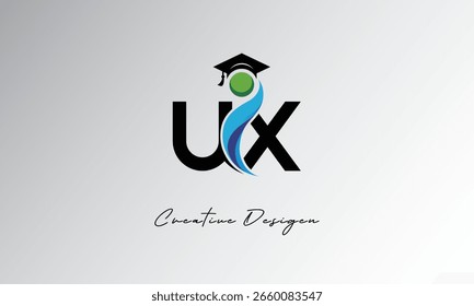 UX Creative Letter Logo com Boné de Graduação e Humano Abstrato - Educação Moderna e Design de Símbolo de Aprendizagem