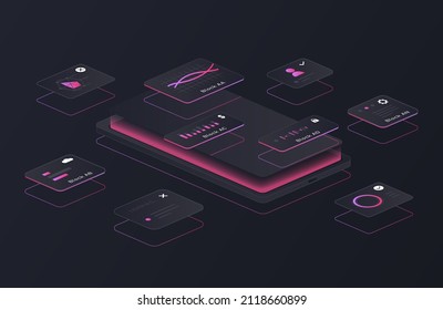 UX design abstract concept. Comfortable user interface with applications, programs and tools. Large smartphone with screen. Modern technologies. Cartoon isometric vector illustration in digital style