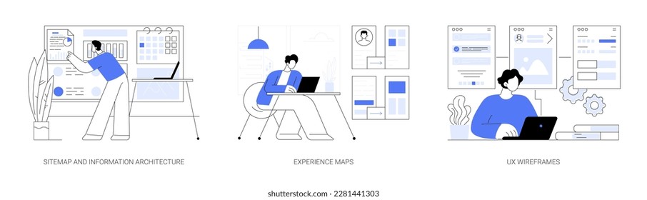 UX Design abstraktes Konzept Vektorgrafik Set. Sitemap und Informationsarchitektur, Erfahrungskarten, UX-Wireframes für neue App, User Interface Plan, abstrakte Metapher für IT-Unternehmen.