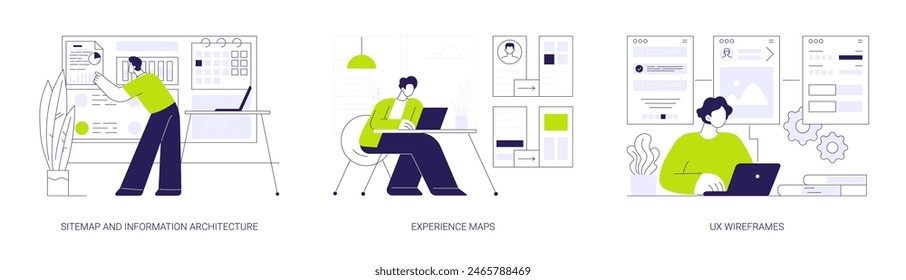 UX Design abstract concept vector illustration set. Sitemap and information architecture, experience maps, UX wireframes for new app, user interface plan, IT company business abstract metaphor.