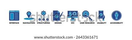 UX design banner web icon vector illustration concept for user experience design with icon of interface, navigation, structure, design, hci, user research, usability, and accessibility