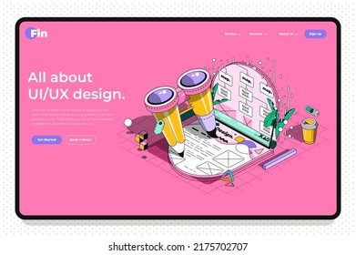 UX design concept 3d isometric outline landing page. Development of usability interface, coding, programming and prototyping, create layout. Vector web illustration with abstract line composition.