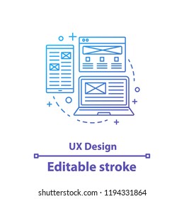 UX design concept icon. App development. Web design idea thin line illustration. Website interface. Vector isolated outline drawing. Editable stroke