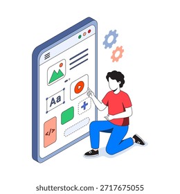 Ux design concept. A man kneeling in front of a large smartphone screen pointing ux element. 3d isometric illustration. Isolated vector for banner, poster, presentation, infographic, webs, apps.