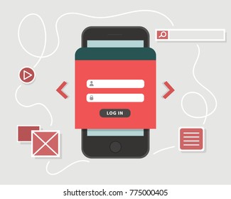 UX design concept. Smartphone with login form, play icon and search placeholder isolated on the gray background, vector illustration