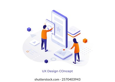 UX Design Essentials isometric conceptual template. Mobile app and sources development technology vector illustration for webpage. User experience in web application building. Website elements