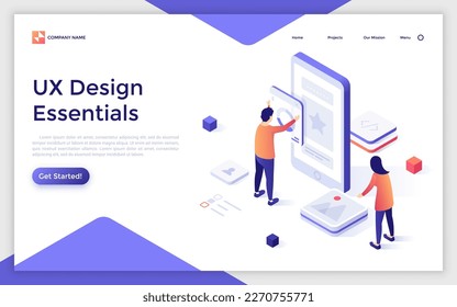 UX Design Essentials isometric landing page template. Mobile app and sources development technology vector illustration for webpage. User experience in web application building. Website elements