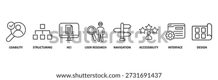 UX design icon set illustration contain usability, structuring, hcl, user research, navigation, accessibility, interface and design