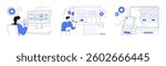UX design isolated cartoon vector illustrations set. UX designer building interactive prototype, user experience, create visual components of website, mobile app usability testing vector cartoon.
