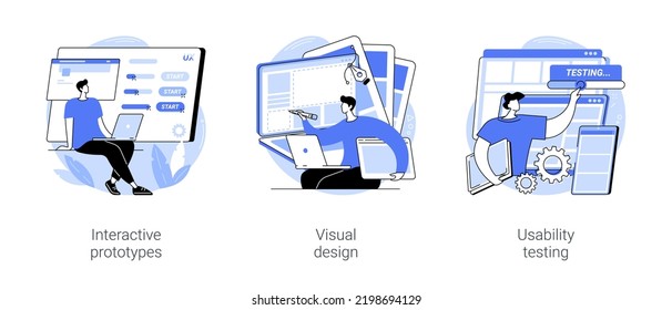 UX design isolated cartoon vector illustrations set. UX designer building interactive prototype, user experience, create visual components of website, mobile app usability testing vector cartoon.