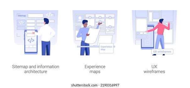 UX Design isolated concept vector illustration set. Sitemap and information architecture, experience maps, UX wireframes for new app, user interface plan, IT company business vector cartoon.