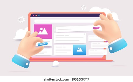 UX Design On Computer Screen - Hands Designing User Interface And Experience On Laptop, Moving Elements Around. Web Design Concept, 3d Vector Illustration.