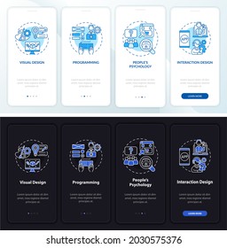 UX design onboarding mobile app page screen. Programming, interaction walkthrough 4 steps graphic instructions with concepts. UI, UX, GUI vector template with linear night and day mode illustrations